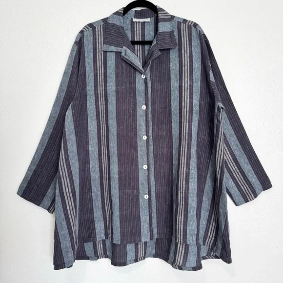 Bryn Walker Linen Shirt Women’s Medium Oversized Blue Stripe Pearl Made In USA - Picture 1 of 13
